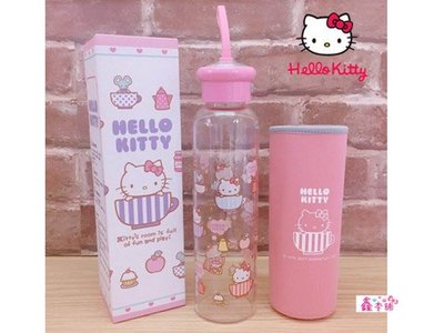 鑫本舖kitty 凱蒂貓 水壺 水瓶 晶透耐熱玻璃瓶附布套-粉紅 500ml