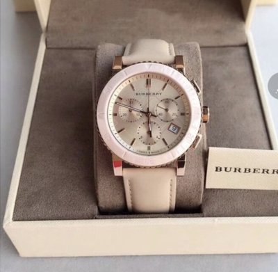 全新正品BURBERRY手錶(BU9704)玫瑰金錶殼陶瓷錶圈皮革錶帶石英女生三眼計時時尚潮流腕錶38mm