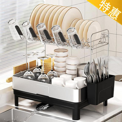 美式大容量家用碗筷收納盒帶水槽瀝水架置地廚房置物架加粗雙層架