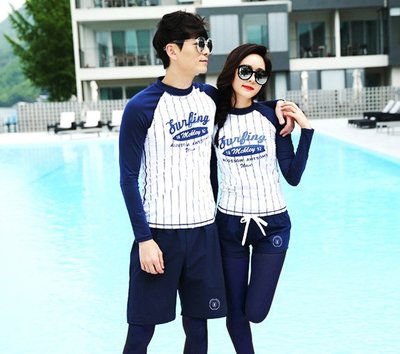 Qmi 韓國情侶條紋款長袖男女防曬泳衣套裝 衝浪潛水服 UPF50++