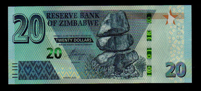 【低價外鈔】辛巴威 2020年 20 Dollars 辛巴威幣 紙鈔一枚，特價中~(AA字軌)