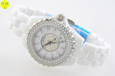 (六四三精品)錶徑3.3公分MANKA(真品)高硬度真陶瓷錶帶及錶殼.爪鑲鑽.白