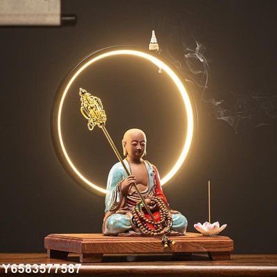 【熱賣精選】新中式LED燈圈地藏菩薩擺件陶瓷人物佛像家居玄關擺件