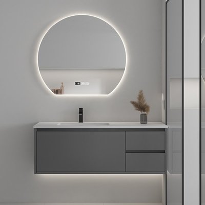 現代輕奢浴室柜組合衛生間圓鏡簡約灰色實木柜巖板洗手面盆洗漱臺~特價