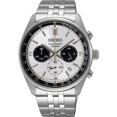 【金台鐘錶】SEIKO 精工 防水100米 不鏽鋼錶帶 三眼計時男錶 41.5mm (白熊貓) SSB425P1