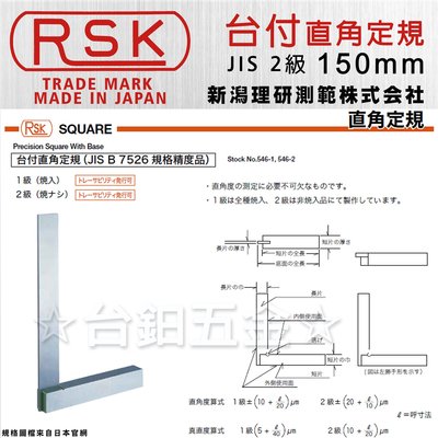 日本製】RSK新潟精機JIS 2級精密台付直角定規AA-150、AA-250台付角尺含