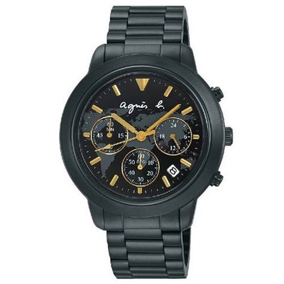 agnes b 經典地圖表盤三眼計時腕錶-黑/金(VD53-KQ00F/BT3020X1)