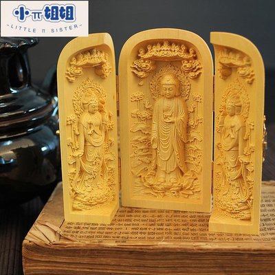 熱銷 廠家批發黃楊木雕佛像西方娑婆三圣觀音關公三開盒木質工藝品擺件-(null)