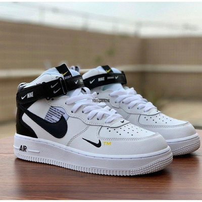 Nike Air Force 1 Mid 黑白 黑勾 高筒 荔枝皮 男女 魔鬼氈 情侶 AV3803-100潮鞋