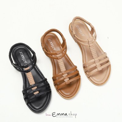 EmmaShop艾購物-正韓同步上新-夏季必備復古鏤空羅馬涼鞋/平底