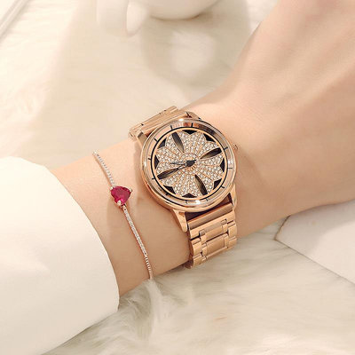 熱銷 GUOU古歐時尚手錶腕錶女旋轉手錶腕錶石英女錶旋轉玫瑰金鋼帶防水腕錶612 WG047