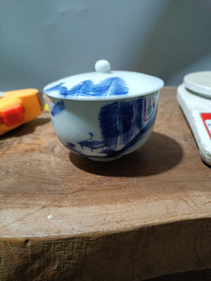 日本回流瓷器古董昭和早期青花山水蓋碗茶杯蓋杯茶杯全品無毛病