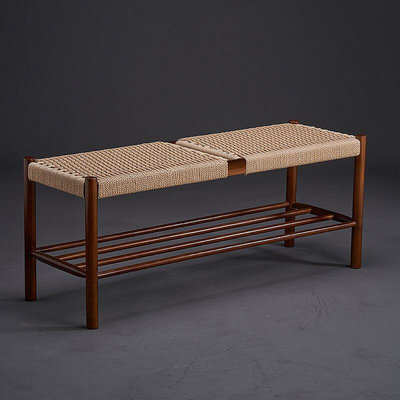 北歐實木繩編換鞋凳日式簡約床尾凳色藤編長凳組合玄關餐凳子 自行安裝