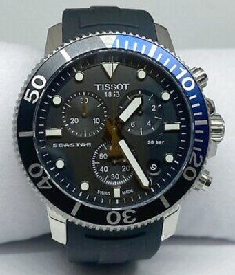 TISSOT Seastar1000 黑色錶盤配藍黑圈 黑色橡膠錶帶 石英 三眼計時 男士手錶T1204171705102 天梭300米潛水錶
