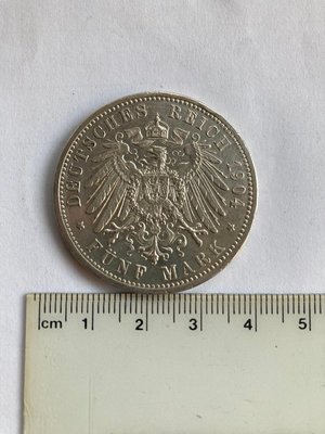 德國1904年巴登弗里德里希5馬克銀幣 克數全在 裸幣美品13598