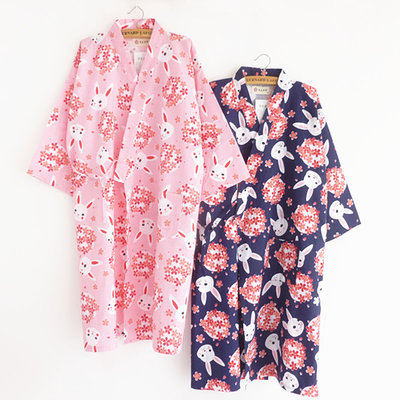 日式和服浴衣夏季純棉雙層紗布睡袍女薄款全棉櫻花兔睡衣開衫大碼~特價