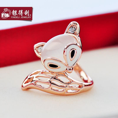 狐貍人造貓眼石飾品韓版韓國時尚個性潮人女鍍玫瑰金男食指戒指
