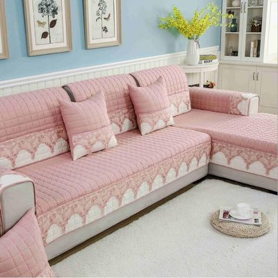 HomeBeauty 四季通用粉色沙發墊 布藝防滑沙發坐墊 沙發套 沙發罩 椅墊 全蓋蕾絲沙發巾 CX155