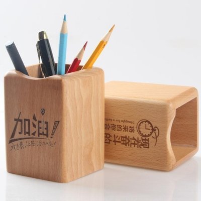 【熱賣下殺】木質筆筒創意辦公用品實木筆筒擺件 方形櫸木多功能桌面