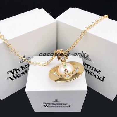 現貨熱銷-Vivienne Westwood 歐美名品彩鉆立體土星珍珠項鏈 ?mm森系毛衣鏈