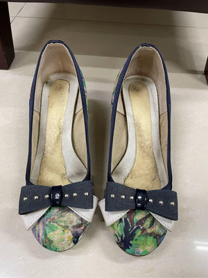 二手 日本製 碎花 莫內風格 立體蝴蝶結 女鞋 楔型鞋 低跟鞋 娃娃鞋 小尺碼 21.5號 33號