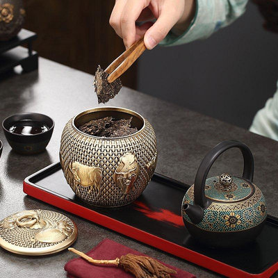 茶藝師 純黃銅茶葉罐密封罐茶倉高檔精品小號普洱醒茶儲存罐五牛圖空罐