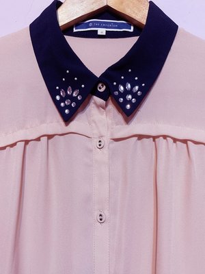 NANA 日本古著 亮片鑽撞色領 素雅長袖襯衫 日式赤香粉桔色