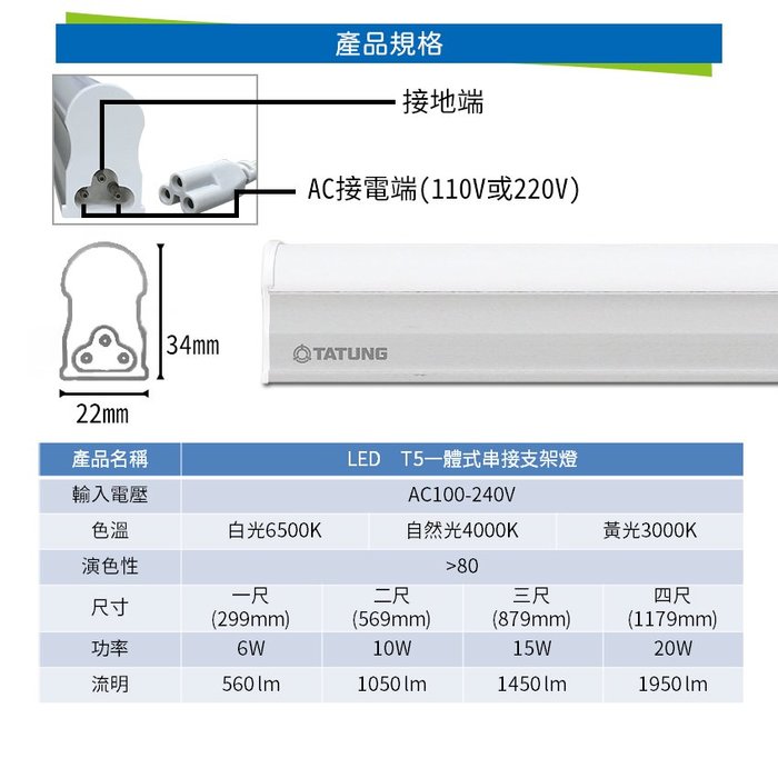 Bling Light 大同led T5燈管 層板燈 支架燈 串接燈 四尺20w全電壓 Cns認證 白光 自然光 黃光 Yahoo奇摩拍賣