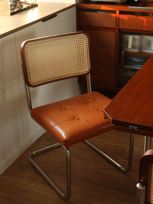 北歐復古實木藤編軟包餐椅現代簡約家用靠背陽台休閑梳妝書桌椅子~告白氣球