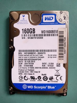 (經典) WD藍標 2.5吋 IDE筆電硬碟 160GB(160G) WD1600BEVE-00A0HT0 [215]
