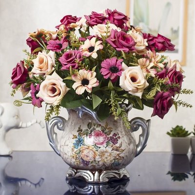 現貨熱銷-假花裝飾客廳室內餐桌花仿真花塑料絹花歐式花藝家居擺設飾品擺件~特價