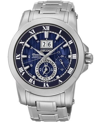 SEIKO Premier 羅馬人動電能萬年曆腕錶(SNP113J1)-藍/41mm7D56-0AB0B廣告錶