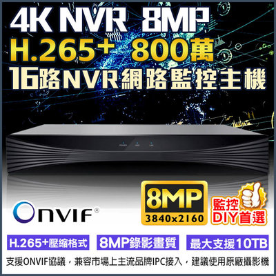 800萬 8MP NVR 網路監控主機 16路 H.265+ 高清主機 Onvif 4K 手機遠端監控