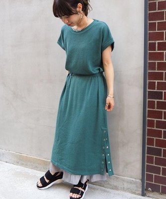 [ 憨虎試衣間 ] 全新，日單，TIP TOP，(綠色)華夫格下襬單側鈕釦短袖洋裝，33%綿