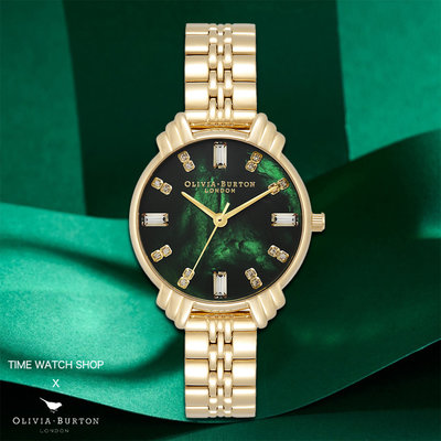 【時光鐘錶公司】Olivia Burton OB16DC02 金色殼方鑽綠搪瓷面金色不銹鋼帶腕錶 OB錶 女錶手錶生日禮
