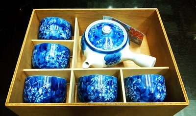 《廣寶閣》日本有田燒細緻茶具組 西雲 造 染付 草花文 茶器揃い 木箱入り
