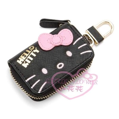 ♥小花凱蒂日本精品♥Hello Kitty 黑色大臉 PU皮革 造型 皮革拉鍊鑰匙包 遙控包 小物包 58913000