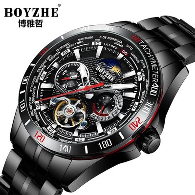 【潮裡潮氣】BOYZHE潮流瑞士機械表實心不銹鋼錶帶鏤空星辰時尚運動男士手錶WL025G