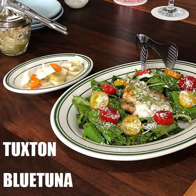 美國TUXTON綠線陶瓷餐具ins日韓風牛排盤西餐盤橢圓甜品盤咖啡廳