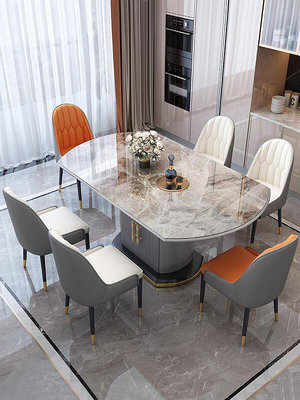 輕奢巖板餐桌椅組合 小戶型代簡約家用可伸縮折疊圓形儲物飯桌向日葵優品989~訂金