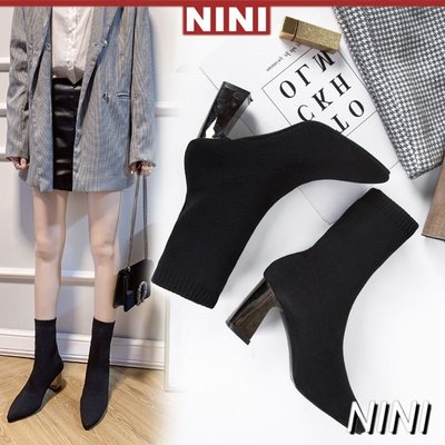 【NINI】鞋子女潮鞋新款女鞋馬丁靴尖頭瘦瘦靴針織彈力襪子靴高跟短靴2020