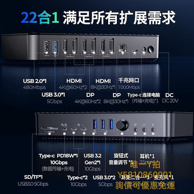 集線器ORICO奧睿科桌面擴展塢typec拓展22合1全功能Displaylink五屏異顯HDMI轉換器DP8K適擴充埠