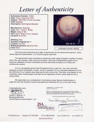 四位1999年名人堂球星~N.Ryan、G.Brett、R.Yount、O.Cepeda 限量500顆親筆簽名球 JSA 認證