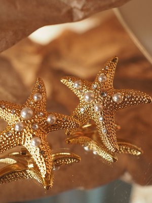 韓國BER~美國Ks海洋風海星珍珠鑲嵌金屬風歐美耳環耳釘耳飾復古重工