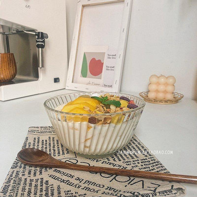 回饋款 韓國ins風斜條紋玻璃碗早餐碗沙拉麥片碗冰淇淋碗*清倉