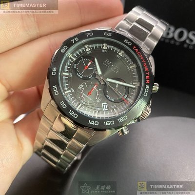 BOSS手錶,編號HB1513680,38mm黑圓形精鋼錶殼,黑色三眼, 運動, 精密刻度錶面,銀色精鋼錶帶款