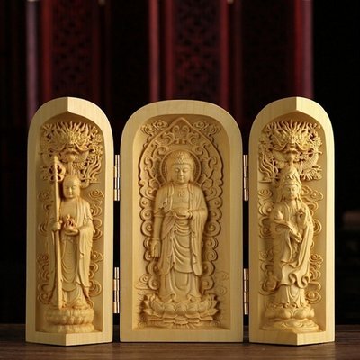 【熱賣精選】  佛教用品 三開盒佛龕 婆娑三聖 法像莊嚴 木雕擺件 黃楊木（GA-2406）