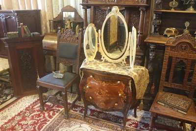【家與收藏】特價稀有珍藏歐洲古董法國古典華麗精緻巴洛克花卉浮雕三面鏡/桌鏡11