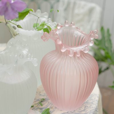 熱銷 復古輕奢北歐波浪口粉色玻璃花瓶客廳餐桌軟裝擺件水培干鮮插花器