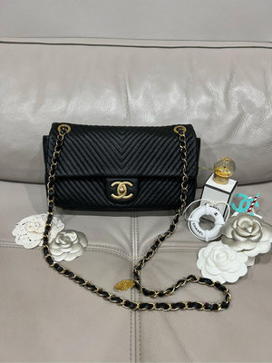 Chanel 真品 經典款山形紋25 coco金幣黑金鏈斜背包三用包
